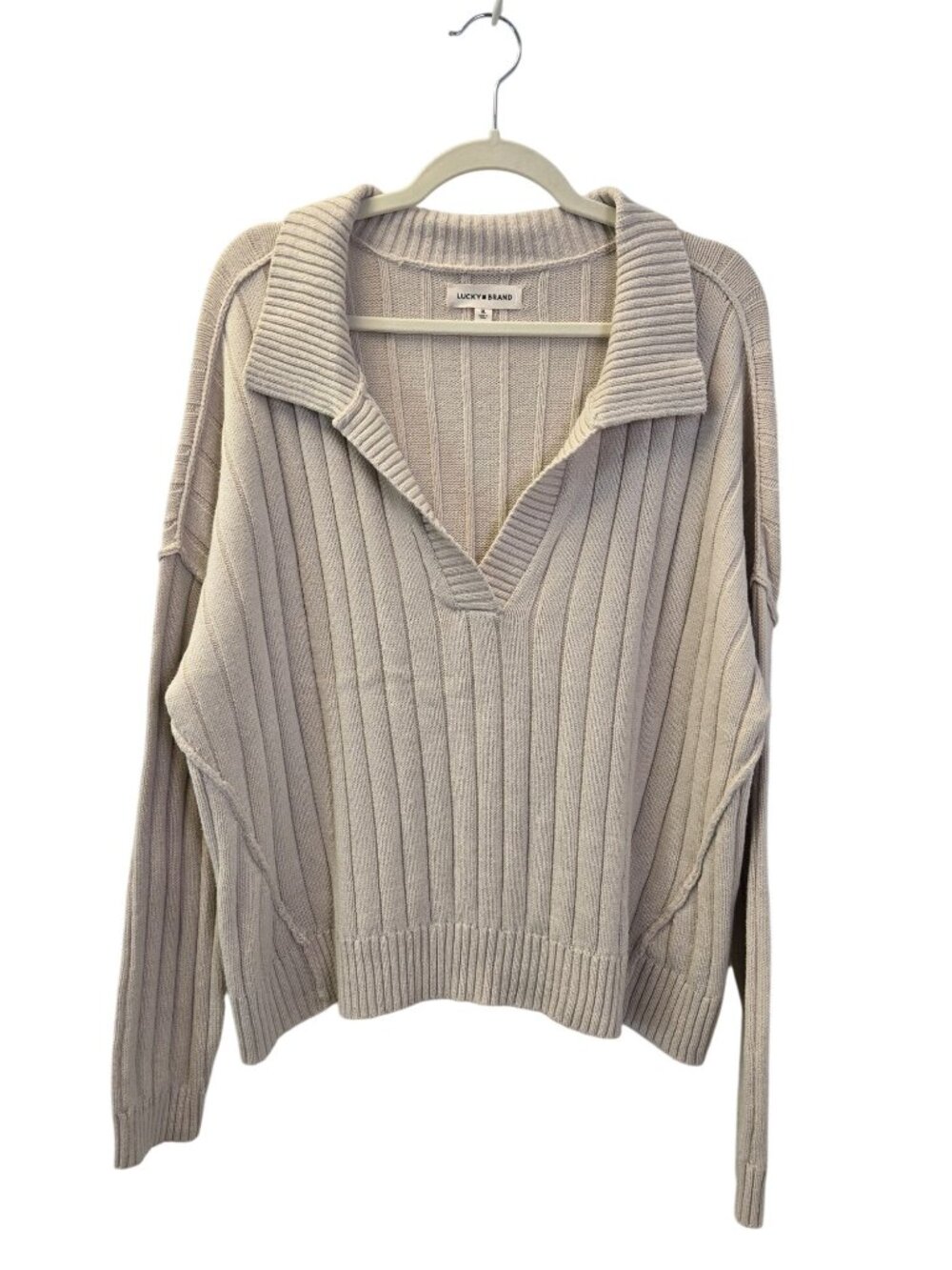 Lucky Brand Cotton Blend Collared V-Neck Slightly Cropped Sweater Size XL
